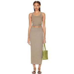 ENZA COSTA Stretch Silk Knit Essential Skirt Womens Small Olive Oil Tan Midi NEW